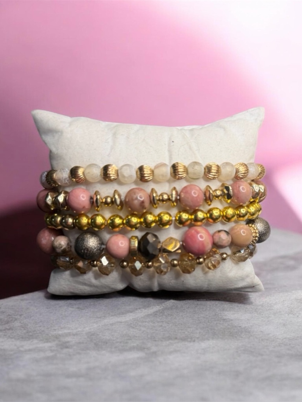 Blush Pink, Rhodonite Gemstone, Blank Onyx & Gold Accent Beaded Bracelet Stretch